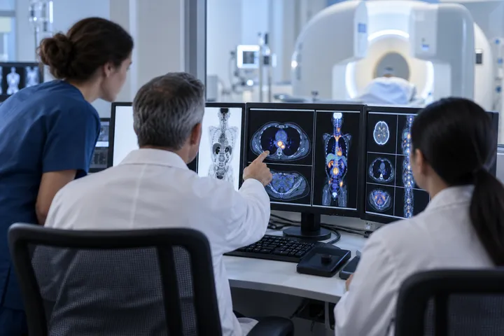 Escena editorial genérica de un equipo clínico multidisciplinario revisando imágenes médicas