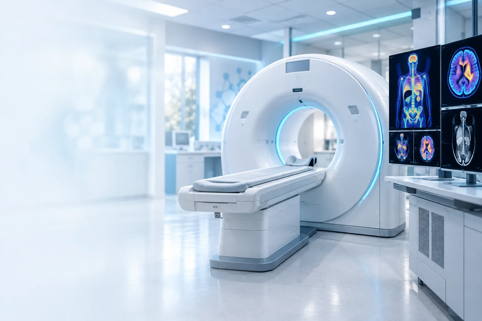 Escáner PET/CT moderno y monitores de imágenes moleculares en una sala avanzada de medicina nuclear