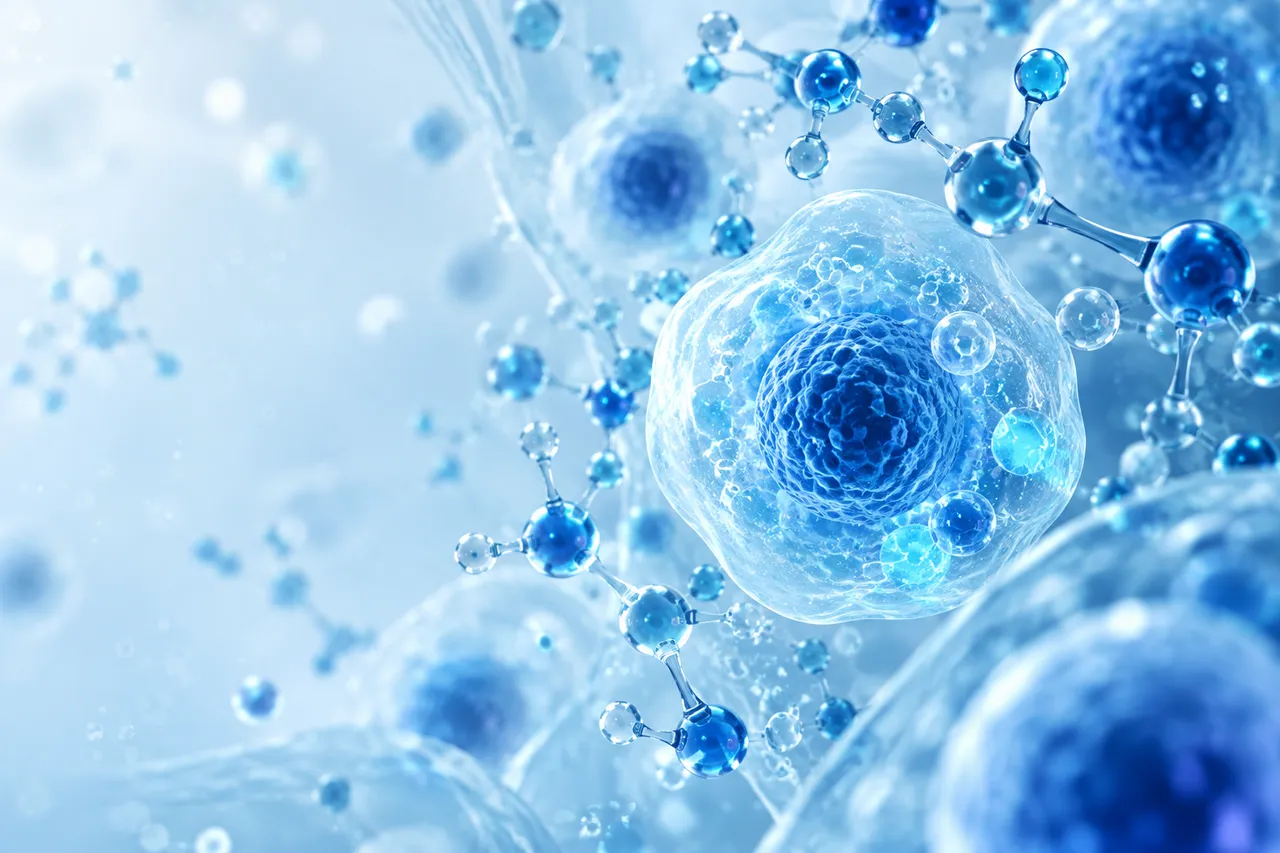 Visualización científica abstracta de células y estructuras moleculares en azul y cian